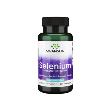 Swanson Selenium L-Selenomethionine 100 mcg offers high bioavailability for optimal absorption, supporting cardiovascular health, immune function, and prostate well-being. Each green bottle contains 200 capsules.